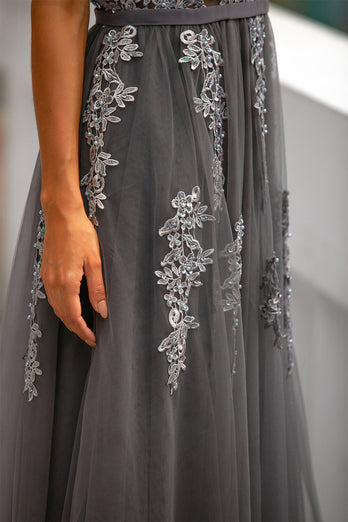 A-Line Grey Long Formal Dress with Appliques