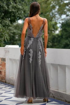 Grey Tulle Long Formal Dress with Appliques