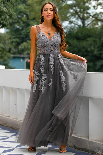 Grey Tulle Long Formal Dress with Appliques