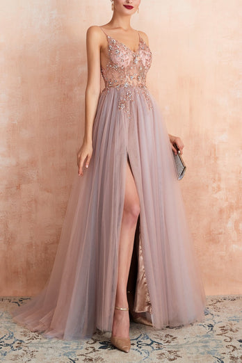 Tulle Spaghetti Straps Pink Long Formal Dress with Beading