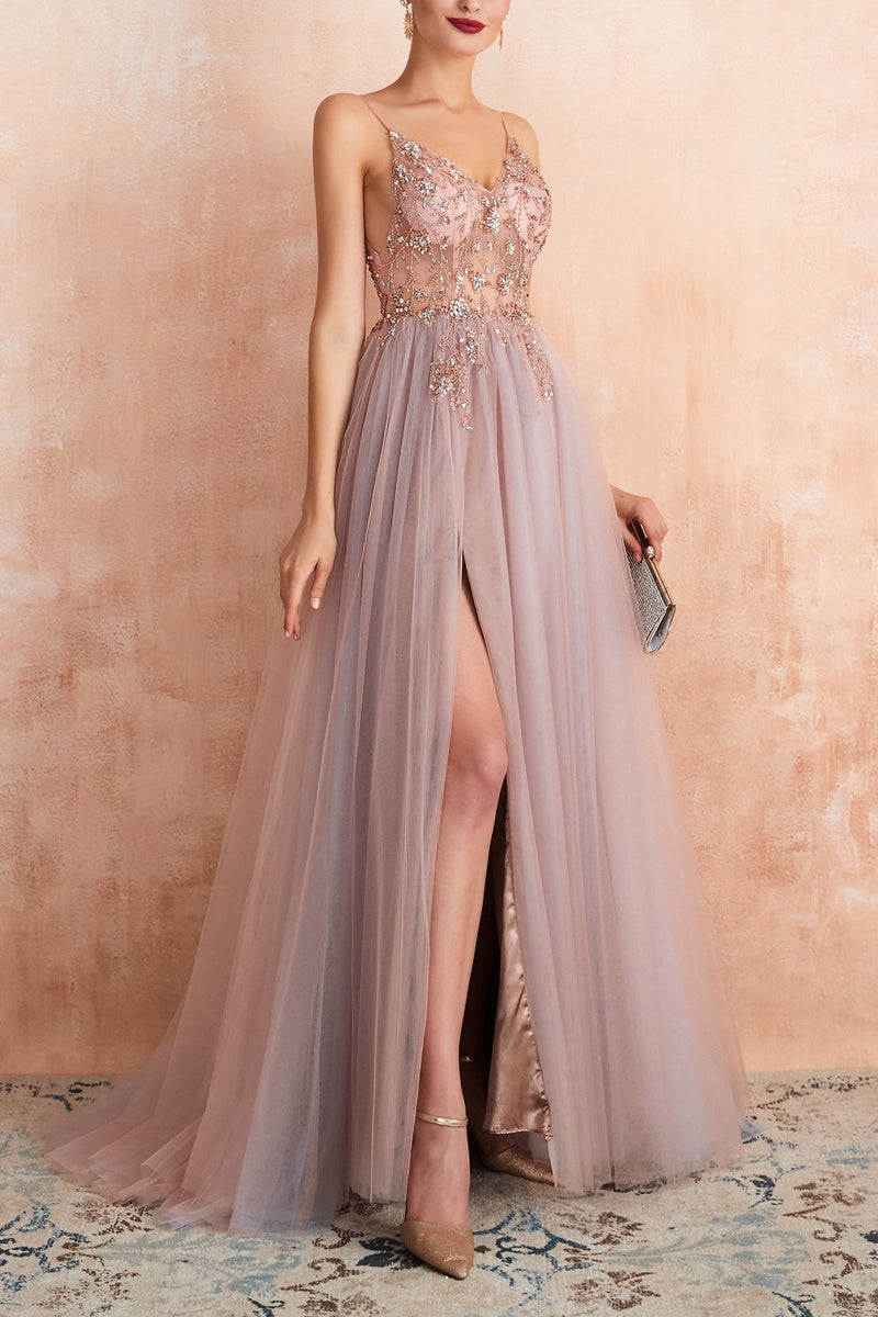 Load image into Gallery viewer, Tulle Spaghetti Straps Pink Long Formal Dress with Beading