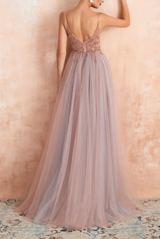 Tulle Spaghetti Straps Pink Long Formal Dress with Beading