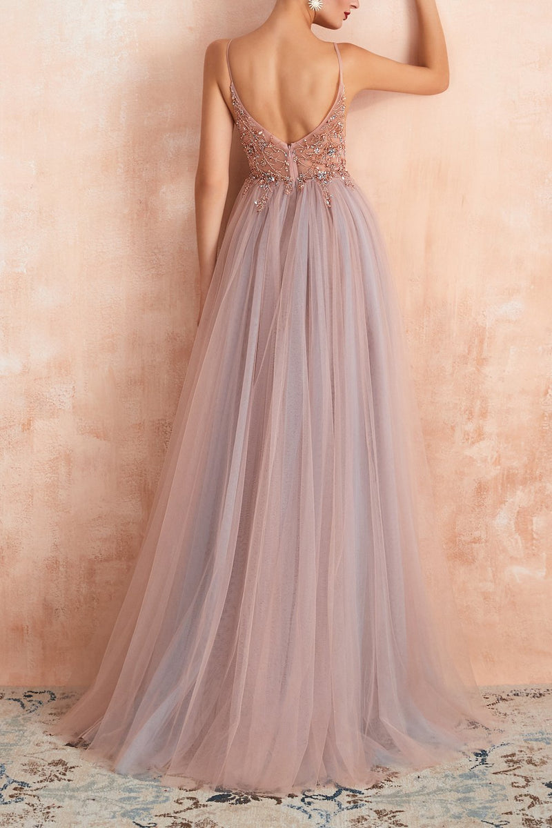 Load image into Gallery viewer, Tulle Spaghetti Straps Pink Long Formal Dress with Beading