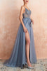 Load image into Gallery viewer, Tulle Spaghetti Straps Blue Long Formal Dress with Beading