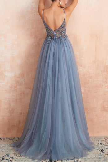 Tulle Spaghetti Straps Blue Long Formal Dress with Beading