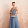 Load image into Gallery viewer, Tulle Spaghetti Straps Blue Long Formal Dress with Beading