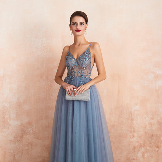 Tulle Spaghetti Straps Blue Long Formal Dress with Beading