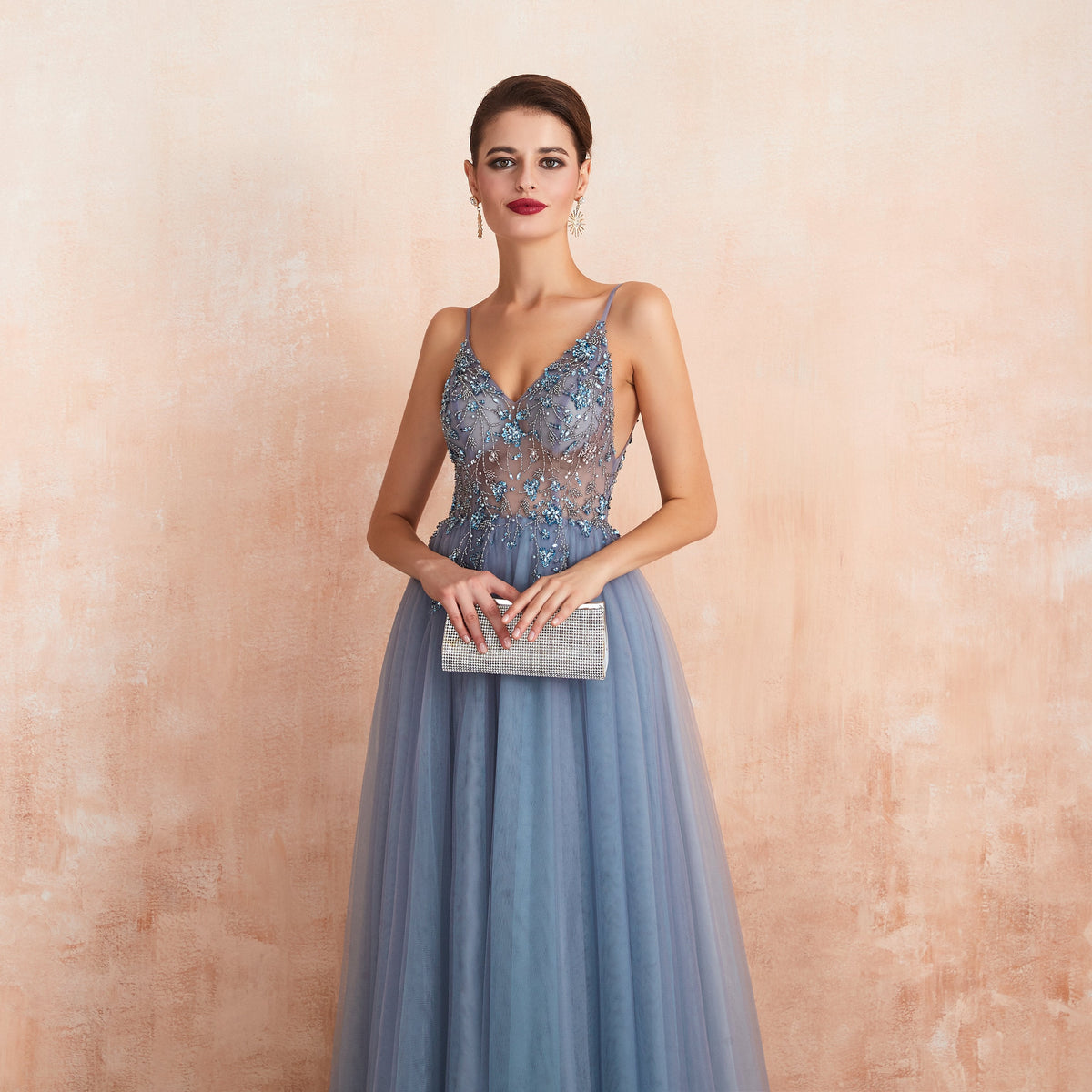 Load image into Gallery viewer, Tulle Spaghetti Straps Blue Long Formal Dress with Beading