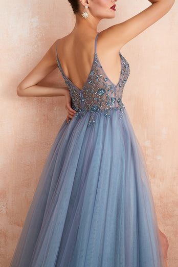 Tulle Spaghetti Straps Blue Long Formal Dress with Beading