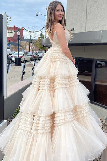 Beige Tulle Tiered Spaghetti Straps Long Formal Dress with Slit