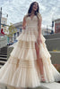 Load image into Gallery viewer, Beige Tulle Tiered Spaghetti Straps Long Formal Dress with Slit