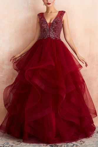 Burgundy Tulle Long Prom Dress