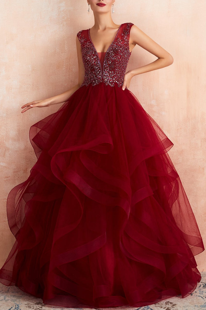 Load image into Gallery viewer, Burgundy Tulle Long Prom Dress