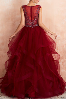 Burgundy Tulle Long Prom Dress