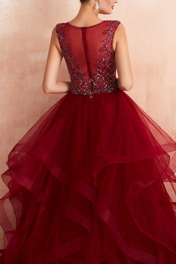 Burgundy Tulle Long Prom Dress