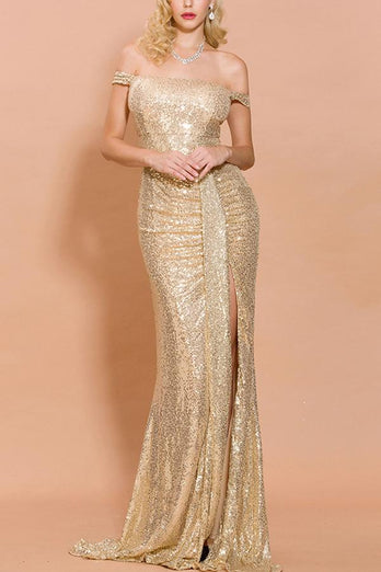 Memaid Off The Shoulder Gold Sequins Long Formal Dress