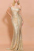 Load image into Gallery viewer, Memaid Off The Shoulder Gold Sequins Long Formal Dress