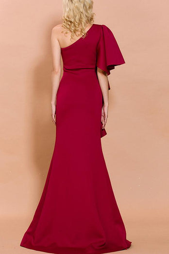 One Shoulder Red Long Formal Dress with Slit