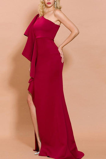 One Shoulder Red Long Formal Dress with Slit