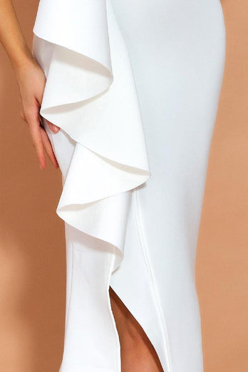 One Shoulder White Long Formal Dress with Slit