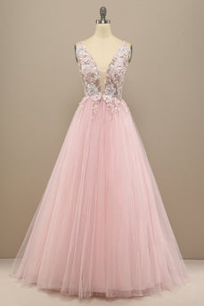 A-Line Deep V-Neck Pink Formal Dress with Appliques