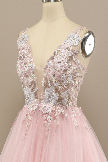 A-Line Deep V-Neck Pink Formal Dress with Appliques