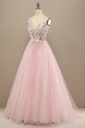 A-Line Deep V-Neck Pink Formal Dress with Appliques