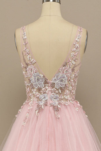 A-Line Deep V-Neck Pink Formal Dress with Appliques