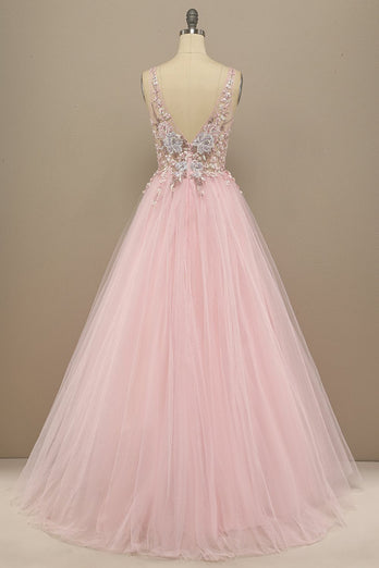 A-Line Deep V-Neck Pink Formal Dress with Appliques