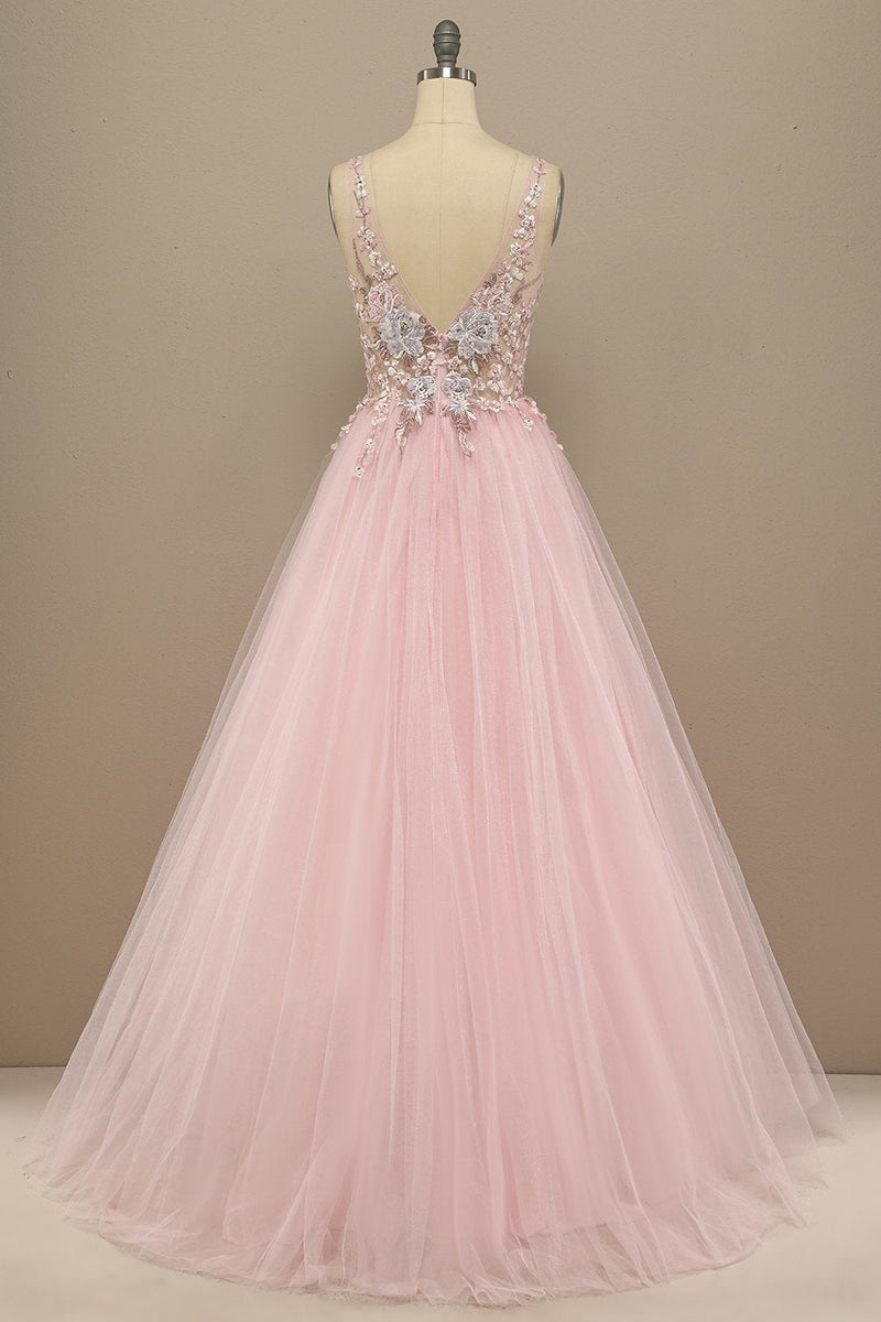 Load image into Gallery viewer, A-Line Deep V-Neck Pink Formal Dress with Appliques