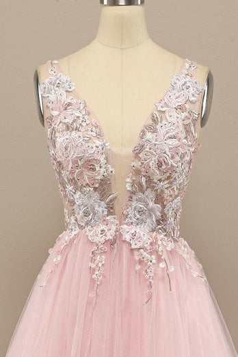 A-Line Deep V-Neck Pink Formal Dress with Appliques