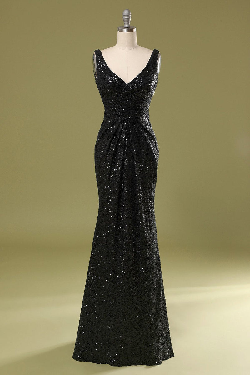 Load image into Gallery viewer, V-Neck Black Sequins Long Formal Dress