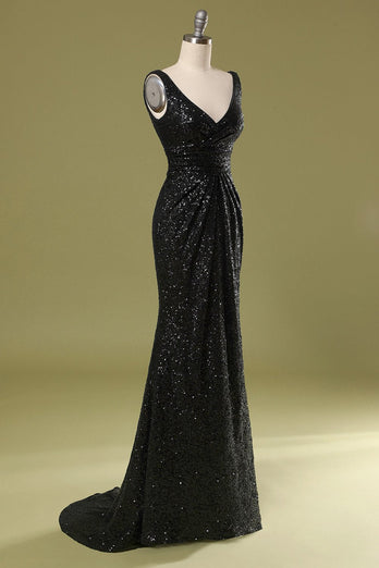 V-Neck Black Sequins Long Formal Dress