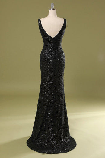 V-Neck Black Sequins Long Formal Dress