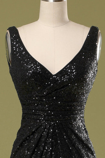 V-Neck Black Sequins Long Formal Dress