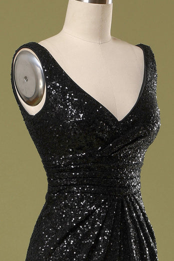 V-Neck Black Sequins Long Formal Dress