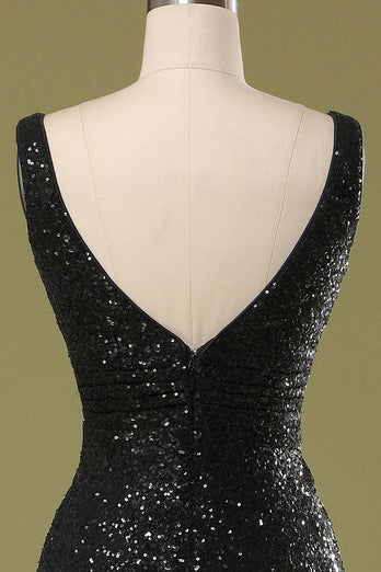 V-Neck Black Sequins Long Formal Dress