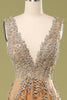 Load image into Gallery viewer, Deep V-Neck Champagne Long Formal Dress with Beading