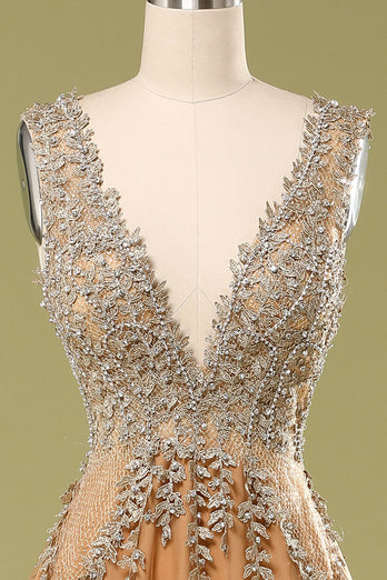 Deep V-Neck Champagne Long Formal Dress with Beading