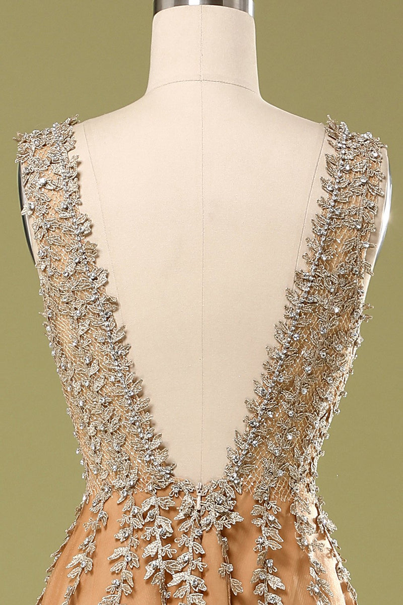 Load image into Gallery viewer, Deep V-Neck Champagne Long Formal Dress with Beading