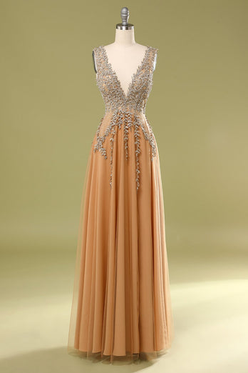 Deep V-Neck Champagne Long Formal Dress with Beading