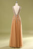 Load image into Gallery viewer, Deep V-Neck Champagne Long Formal Dress with Beading