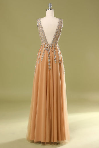 Deep V-Neck Champagne Long Formal Dress with Beading