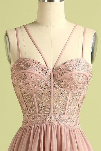 Pink Split Front Spaghetti Straps Corset Formal Dress with Beading