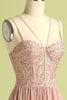 Load image into Gallery viewer, Pink Split Front Spaghetti Straps Corset Formal Dress with Beading