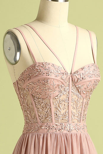 Pink Split Front Spaghetti Straps Corset Formal Dress with Beading