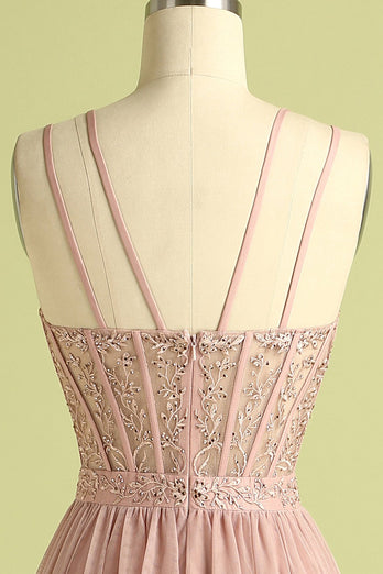 Pink Split Front Spaghetti Straps Corset Formal Dress with Beading