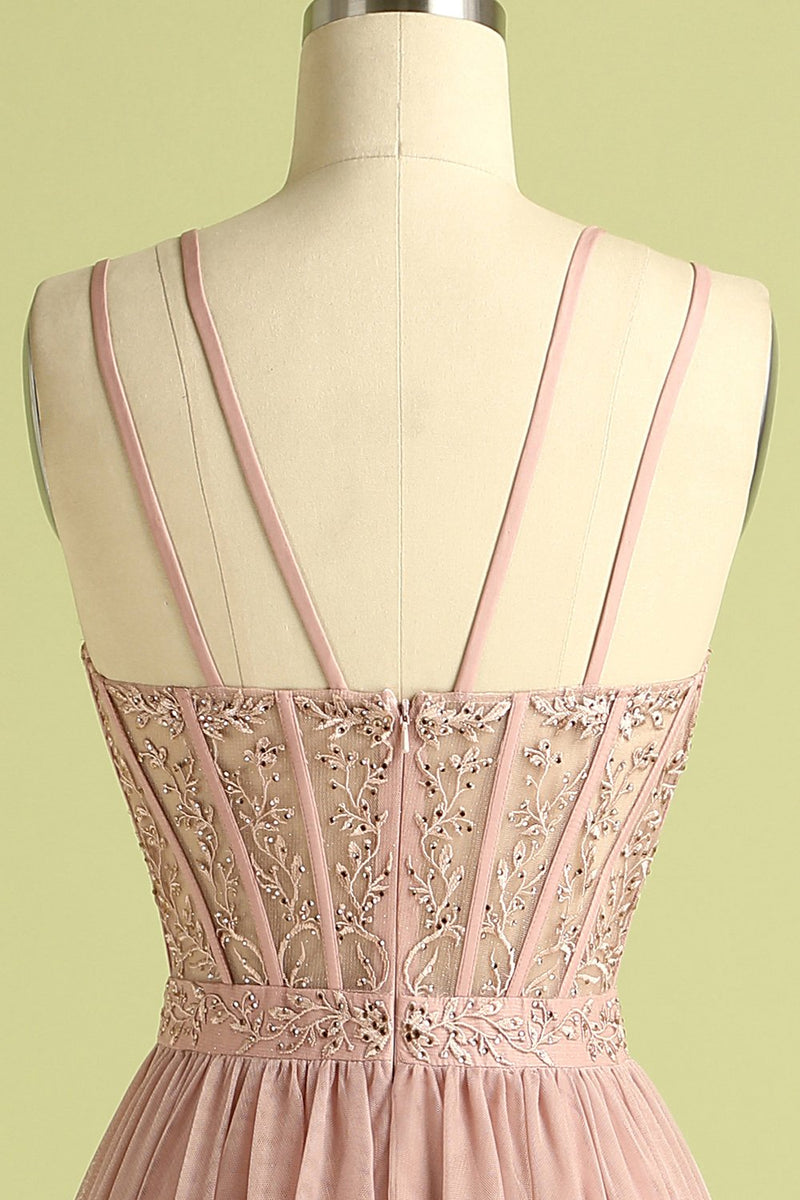 Load image into Gallery viewer, Pink Split Front Spaghetti Straps Corset Formal Dress with Beading