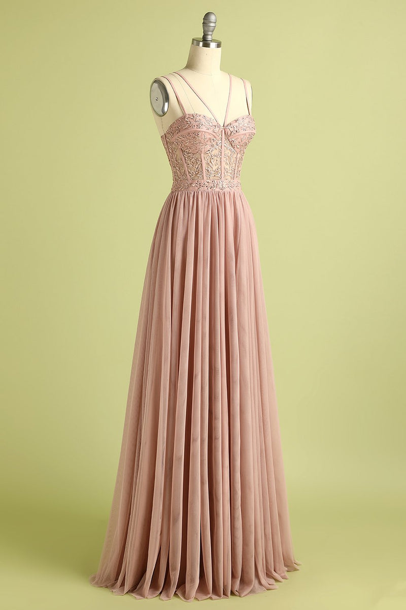 Load image into Gallery viewer, Pink Split Front Spaghetti Straps Corset Formal Dress with Beading