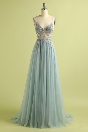 Tulle Light Blue Long Formal Dress with Beading